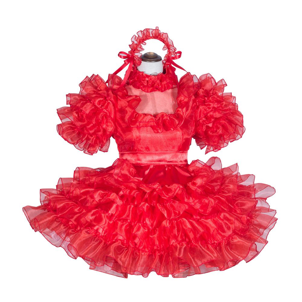 Red sissy maid dress with ruffled sleeves and skirt, featuring a matching headband for costume fashion.