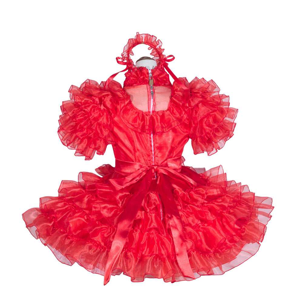 Red sissy maid dress with ruffles, bow, and sheer overlay for costume fashion