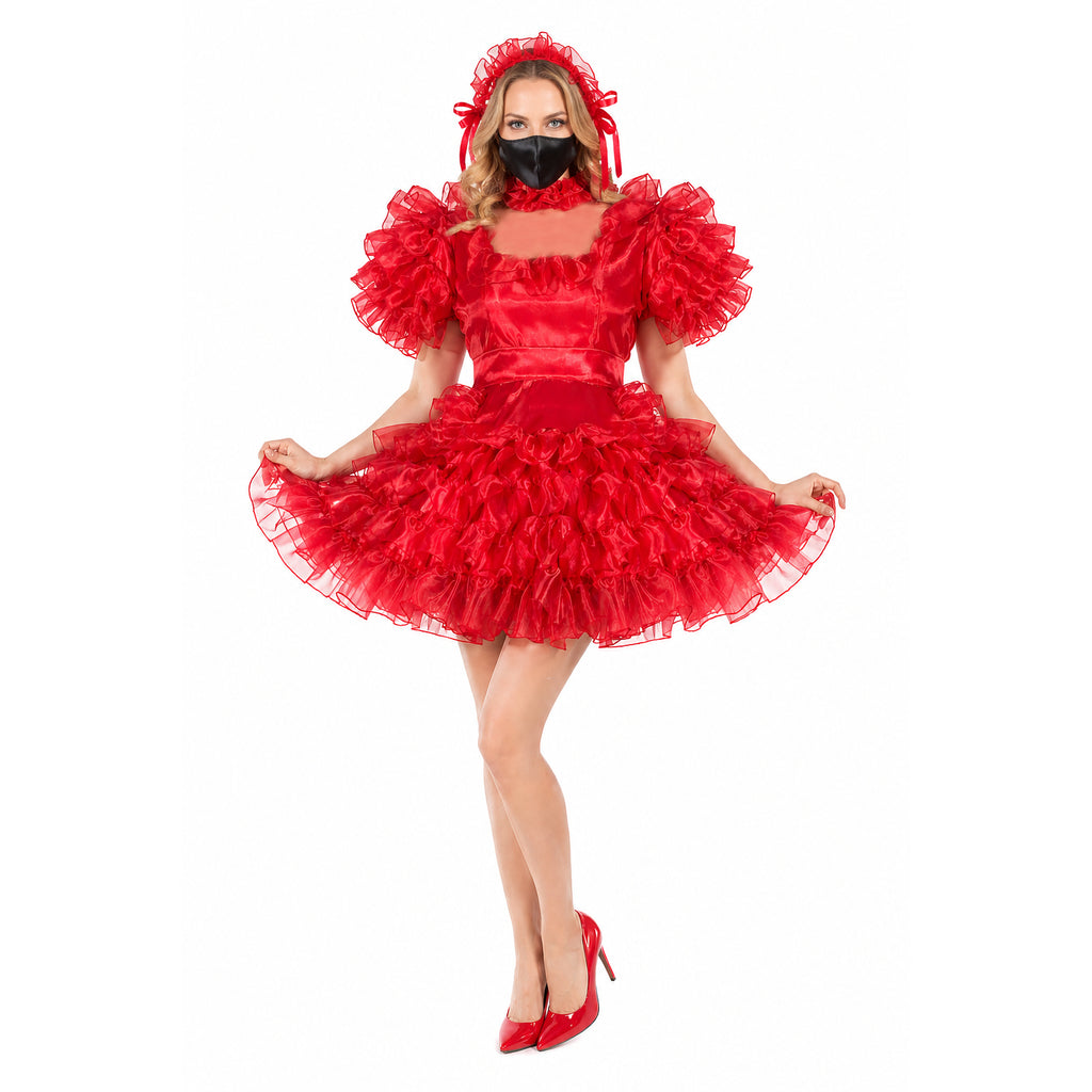 Red sissy maid dress with ruffles, matching bonnet, and heels for costume fashion