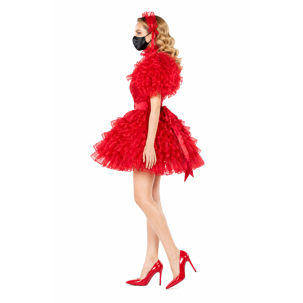 Red ruffled sissy maid dress with matching heels and headpiece, elegant costume fashion