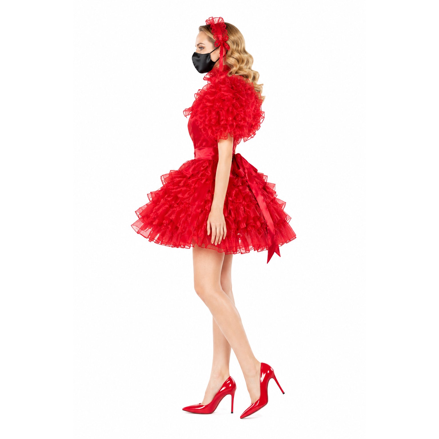 Red ruffled sissy maid dress with matching heels and headpiece, elegant costume fashion
