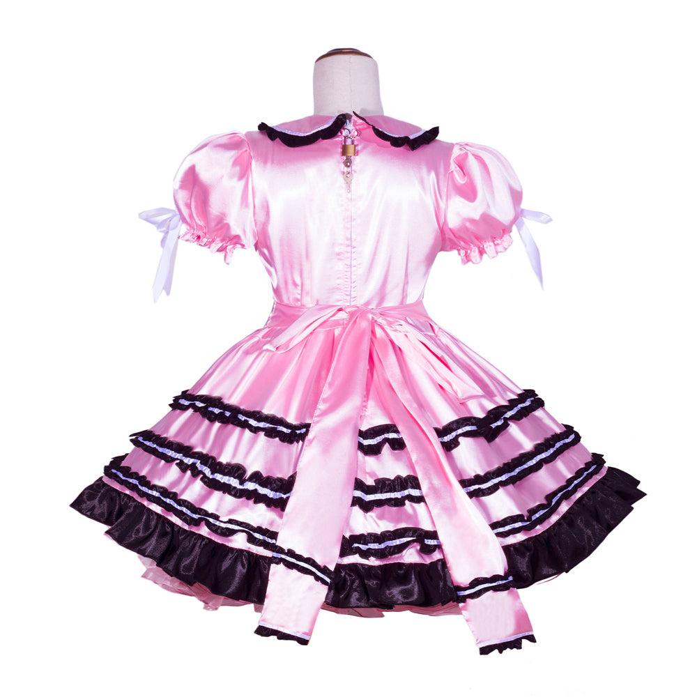 Pink sissy maid dress with black ruffles, satin finish, and lockable back detail