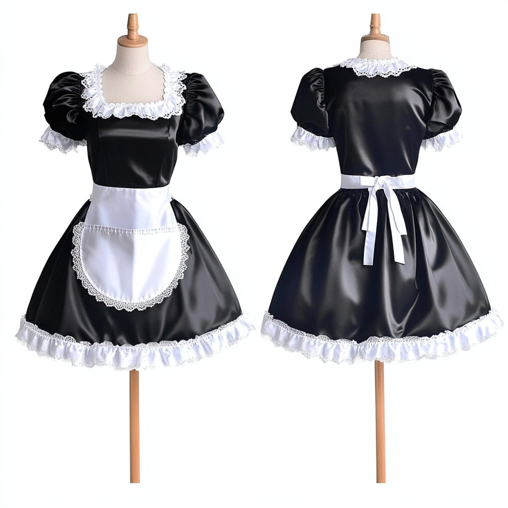 Schwarzes Satin-Sissy-Hausmädchenkleid G4080