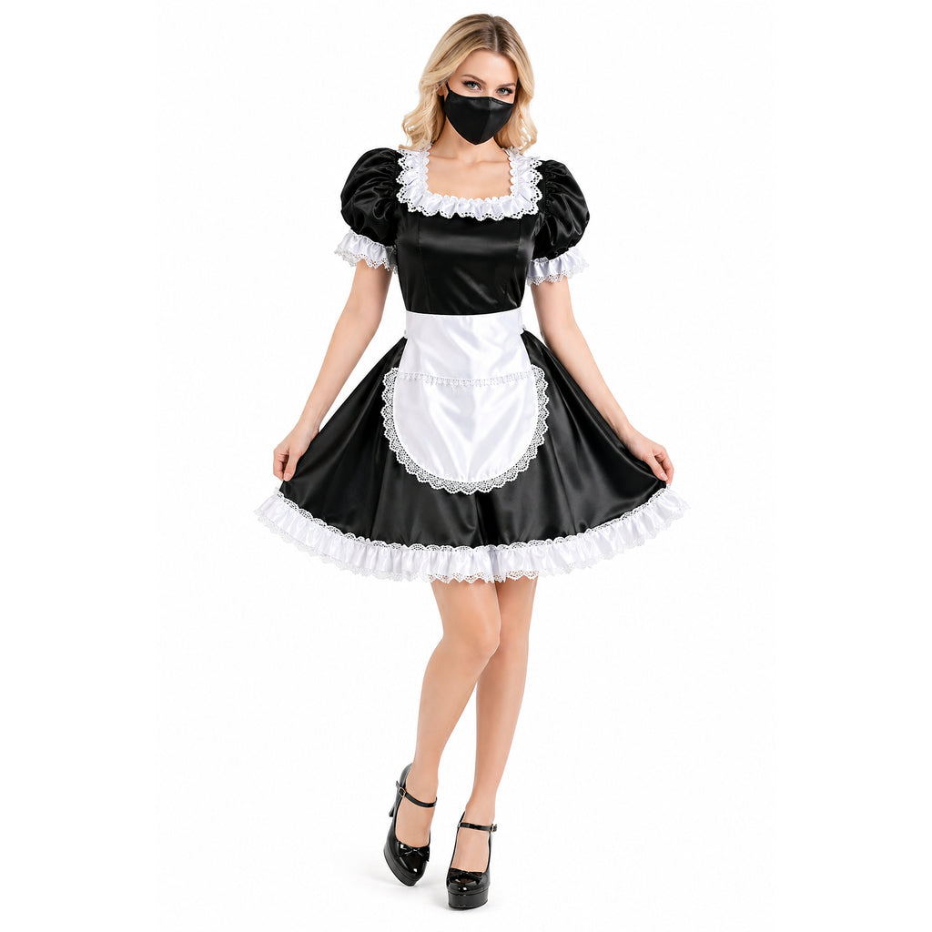 Schwarzes Satin-Sissy-Hausmädchenkleid G4080