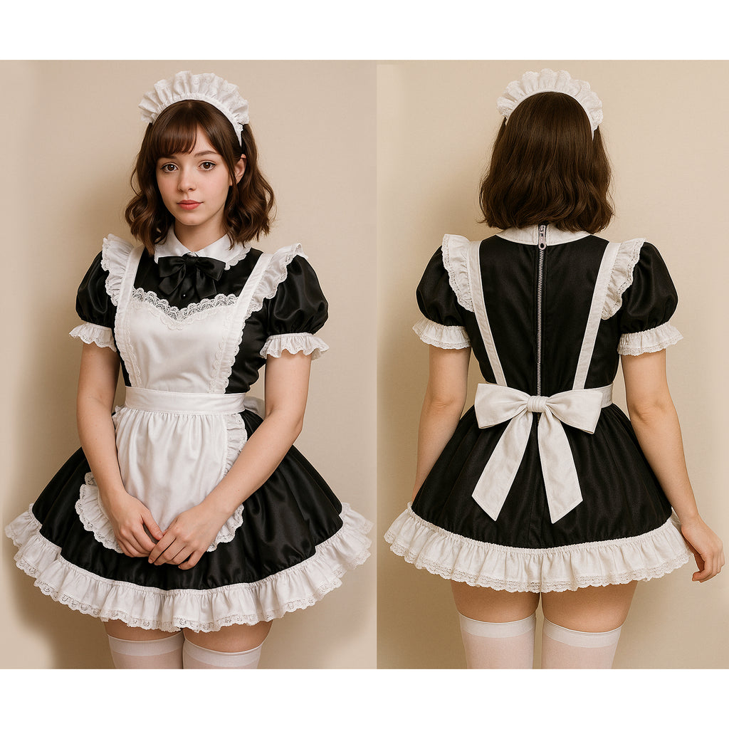 Robe de soubrette noire en satin pour travesti G4084