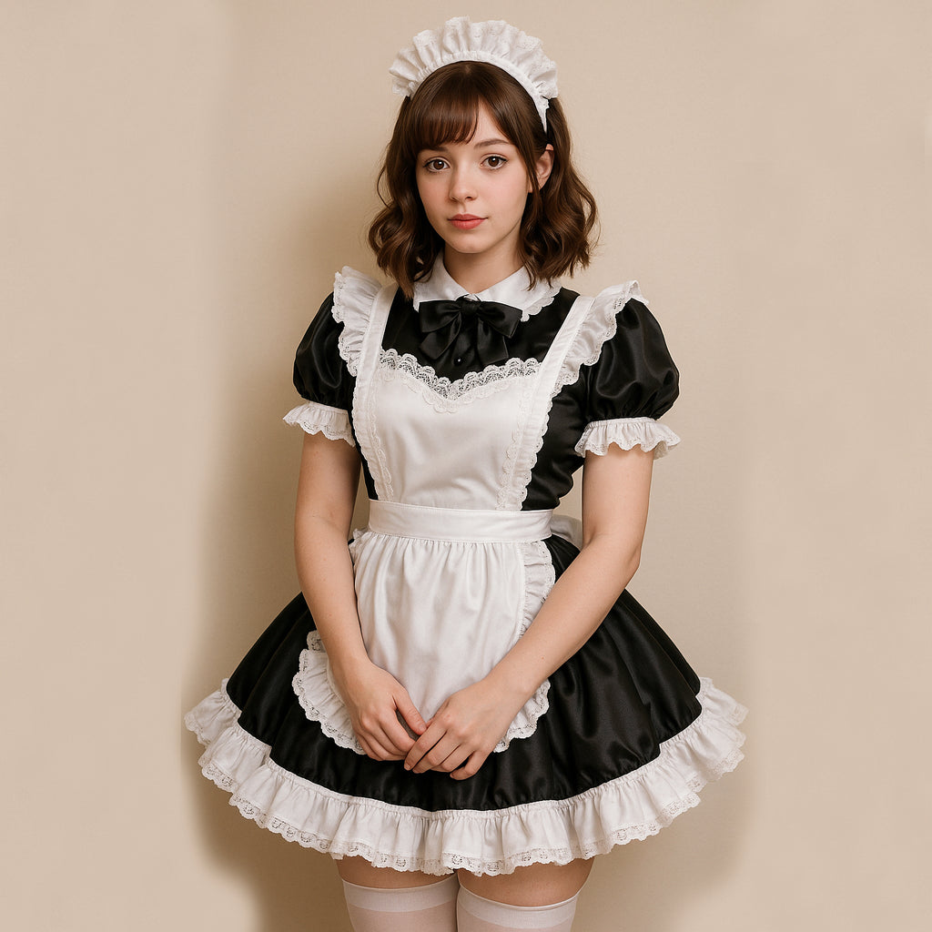 Robe de soubrette noire en satin pour travesti G4084
