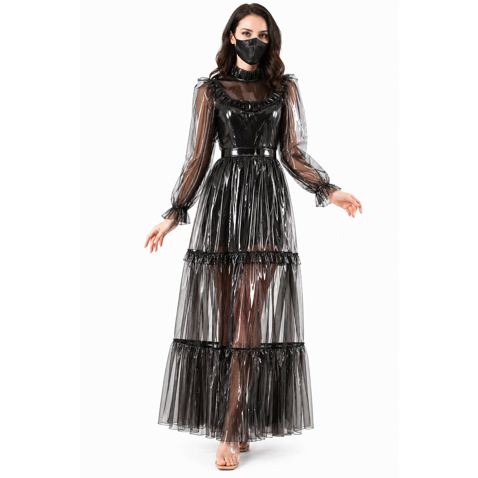Schwarzes transparentes PVC-Kleid lang G4092