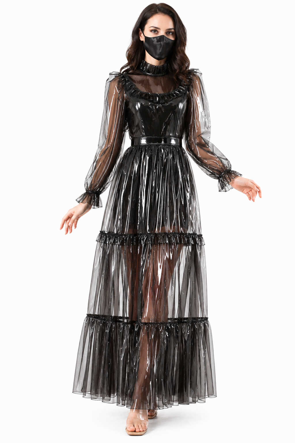 Schwarzes transparentes PVC-Kleid lang G4092