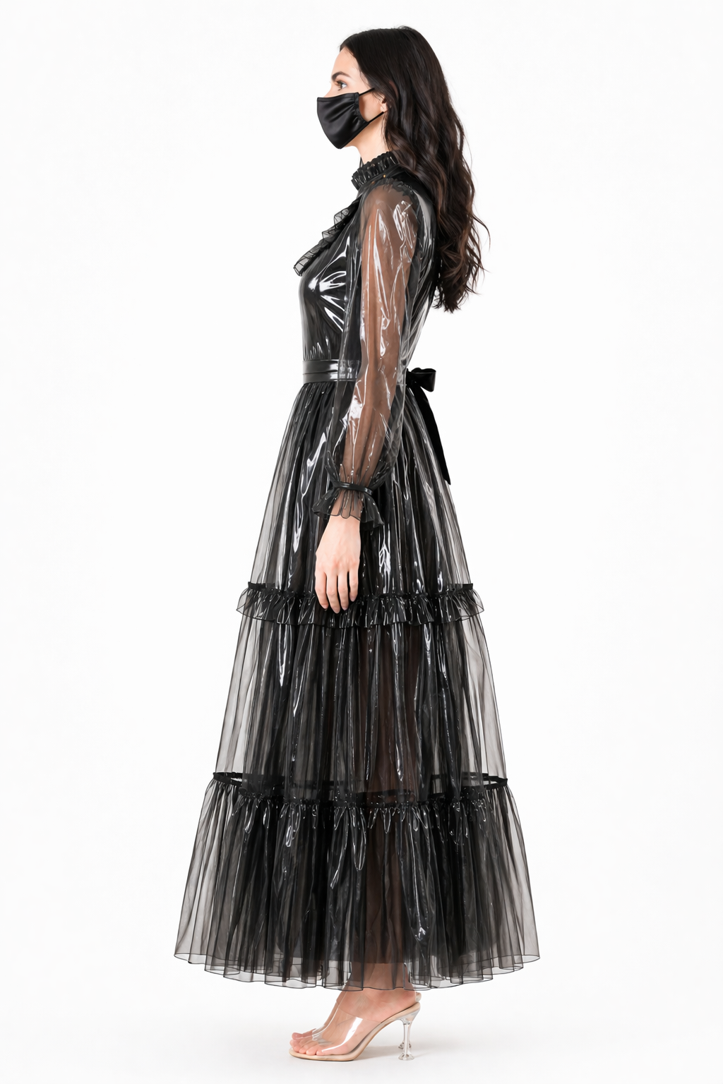 Schwarzes transparentes PVC-Kleid lang G4092