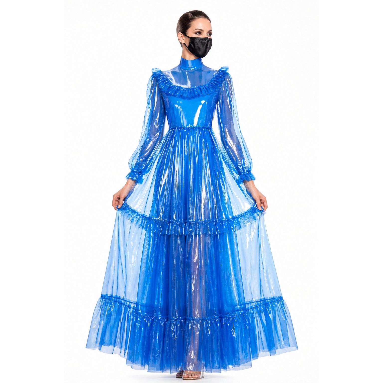 Blaues, durchsichtiges PVC-Maxikleid G4096