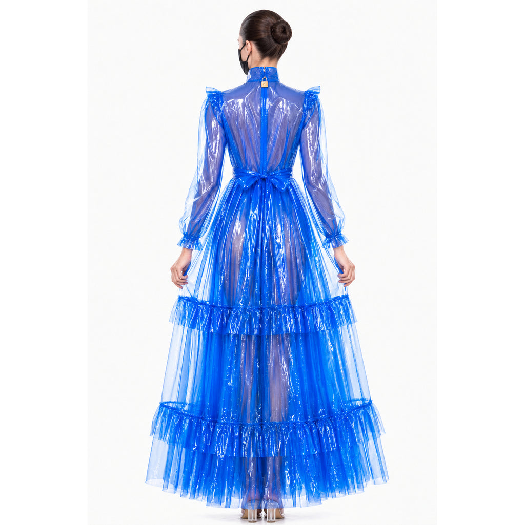 Blaues, durchsichtiges PVC-Maxikleid G4096