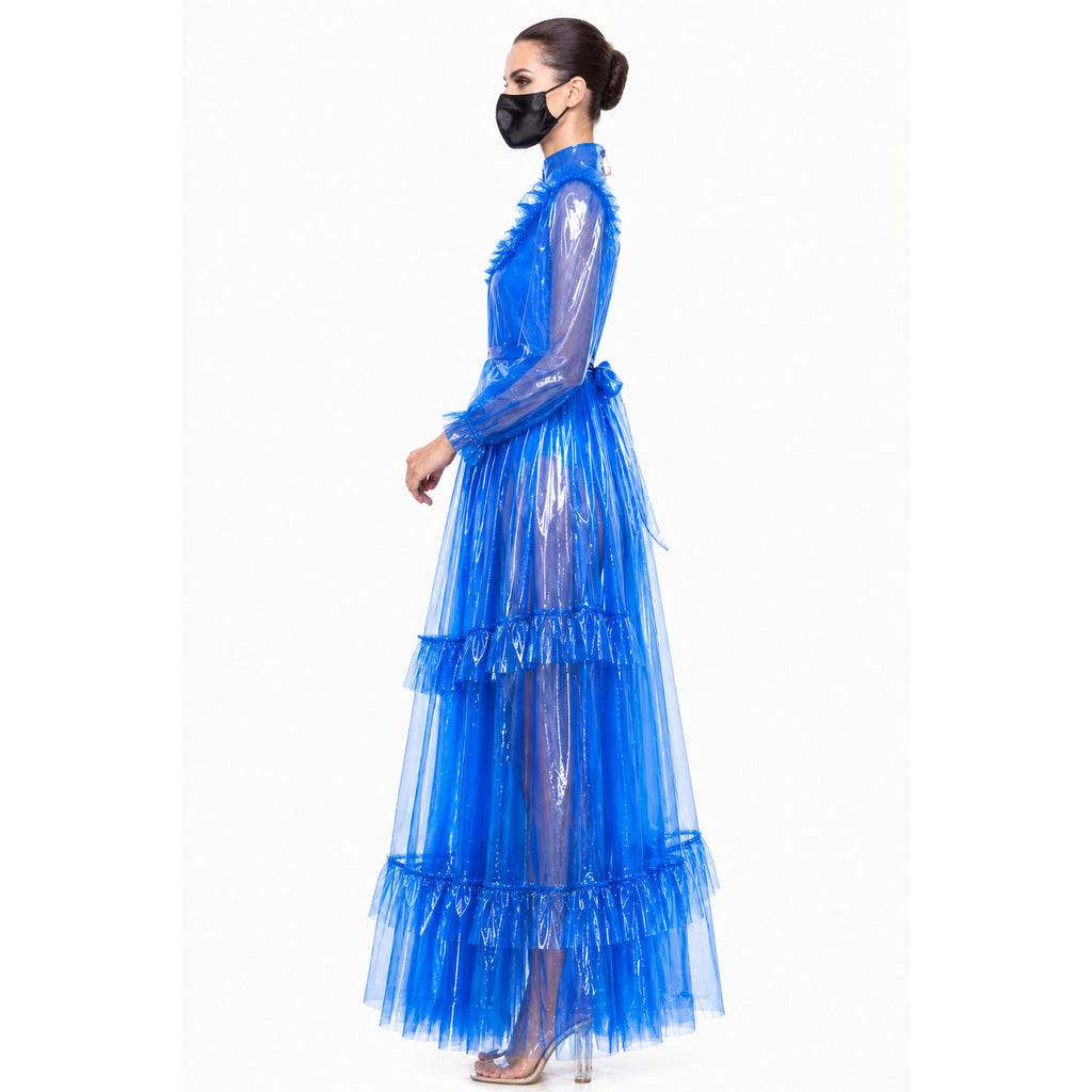 Blaues, durchsichtiges PVC-Maxikleid G4096