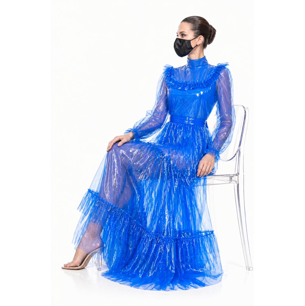 Blaues, durchsichtiges PVC-Maxikleid G4096