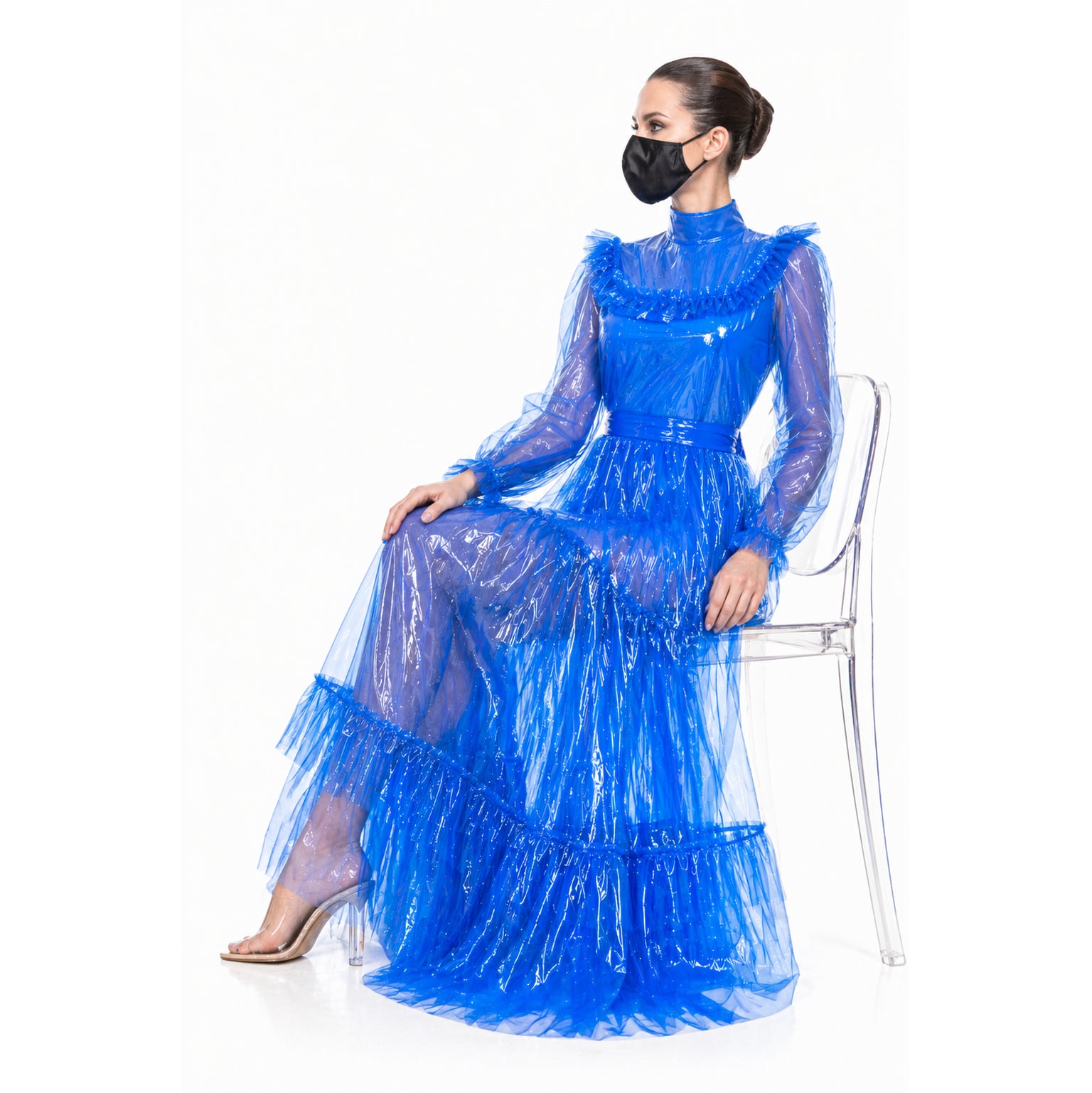 Blaues, durchsichtiges PVC-Maxikleid G4096