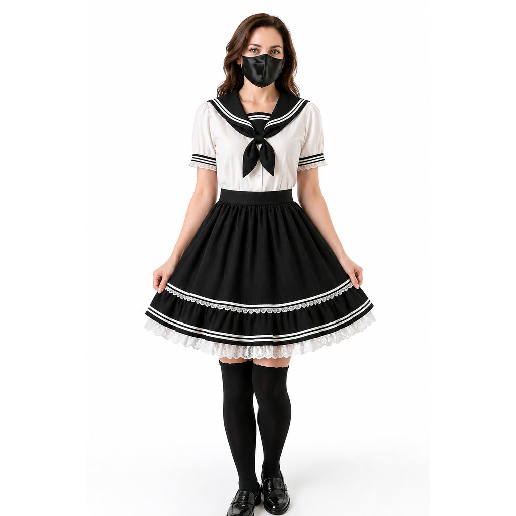 Ensemble blouse et jupe en coton noir et blanc G4100