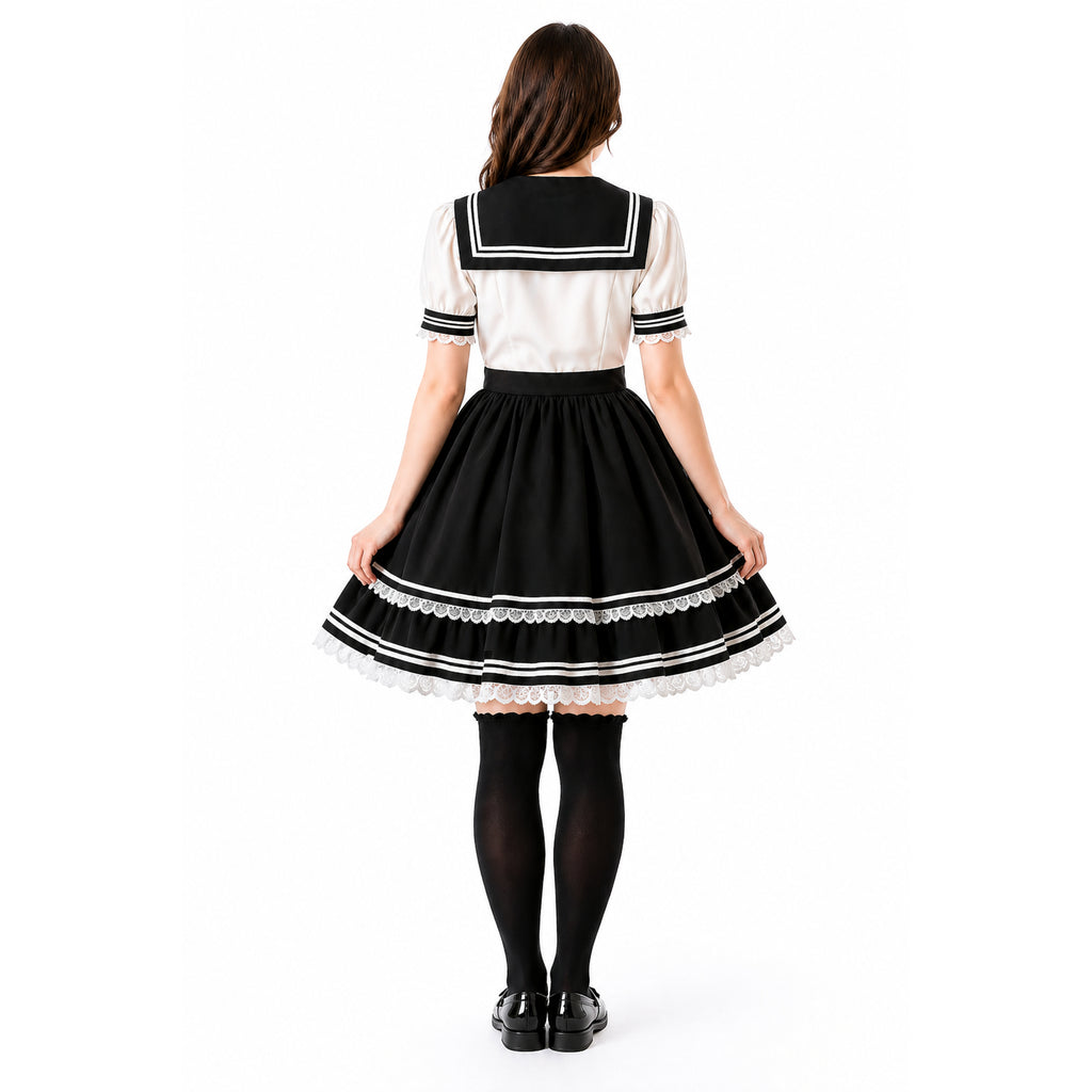 Ensemble blouse et jupe en coton noir et blanc G4100
