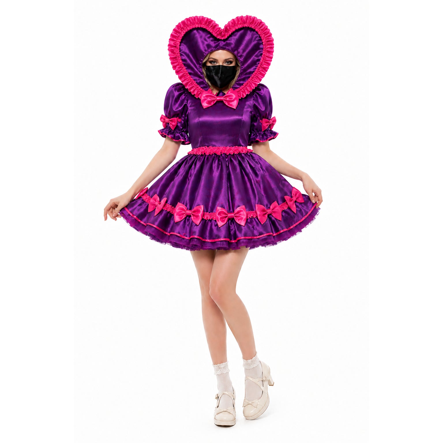 Purple Satin Heart Hood sissy Dress G4116