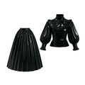 Black Thin PVC Blouse & Skirt Set G4120