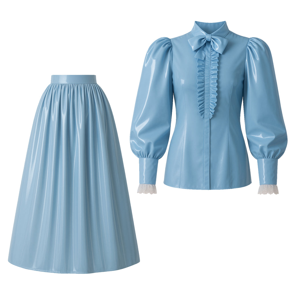 Baby Blue Thin PVC Blouse & Skirt Set G4121