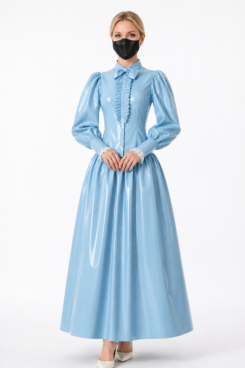Baby Blue Thin PVC Blouse & Skirt Set G4121