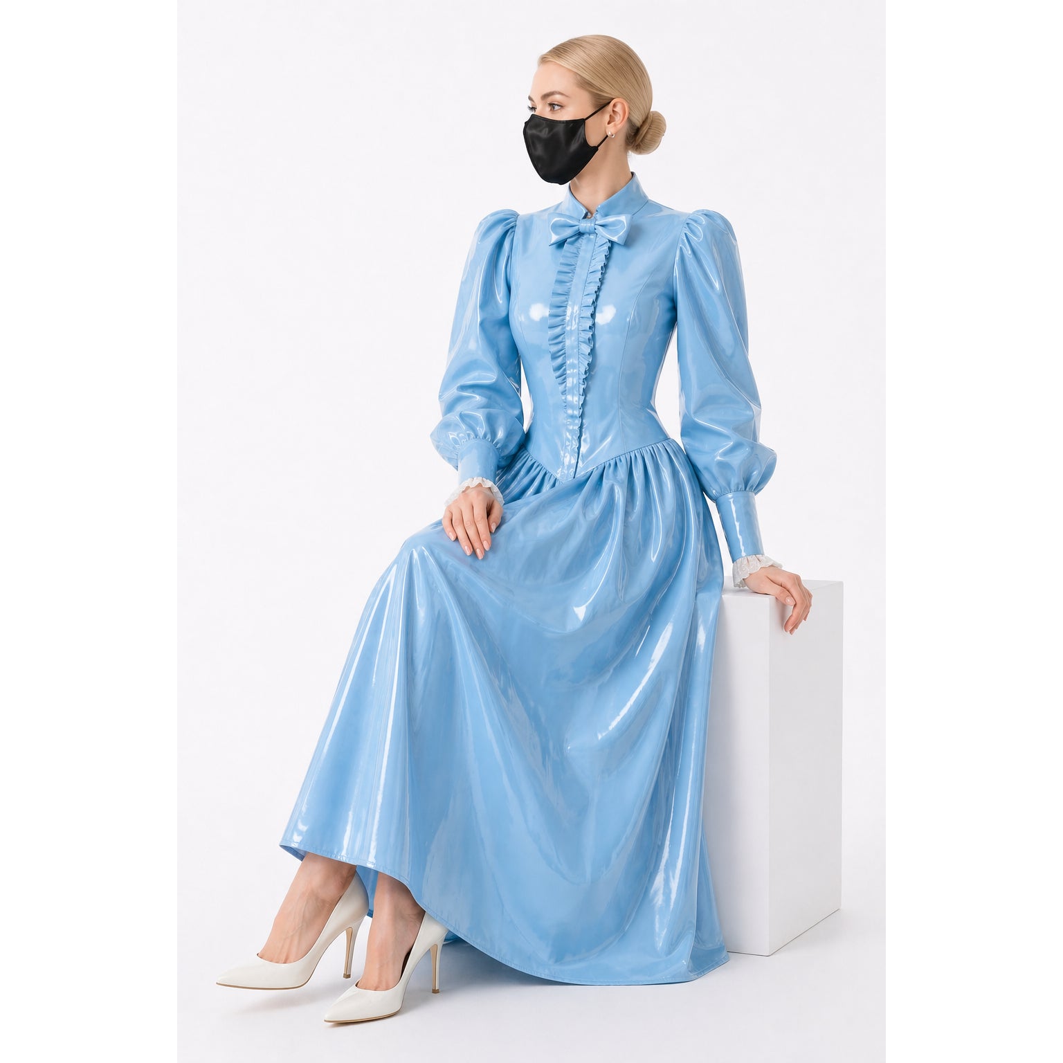 Baby Blue Thin PVC Blouse & Skirt Set G4121