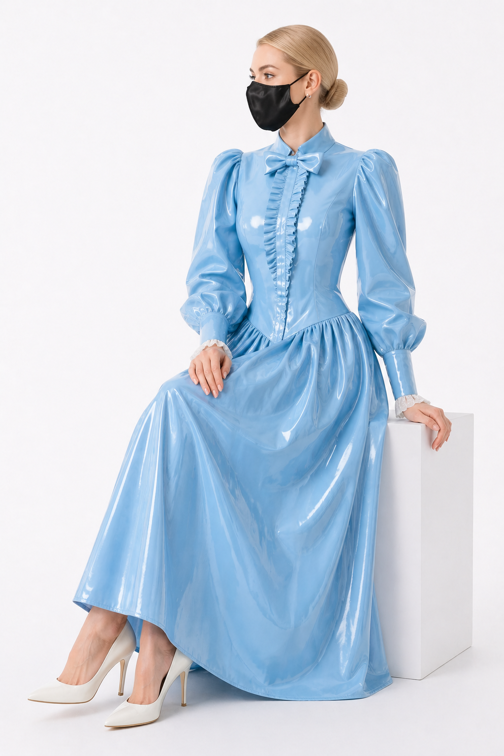 Baby Blue Thin PVC Blouse & Skirt Set G4121