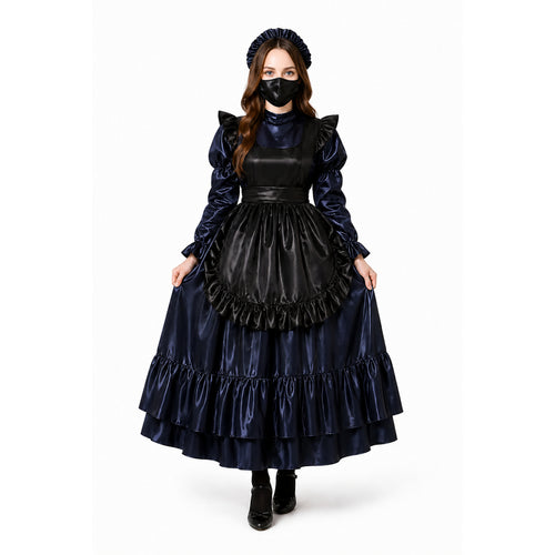 Robe de soubrette sissy en satin bleu marine G4122