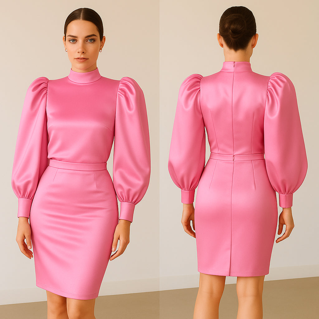 Ensemble Blouse et Jupe en Satin Rose G4124