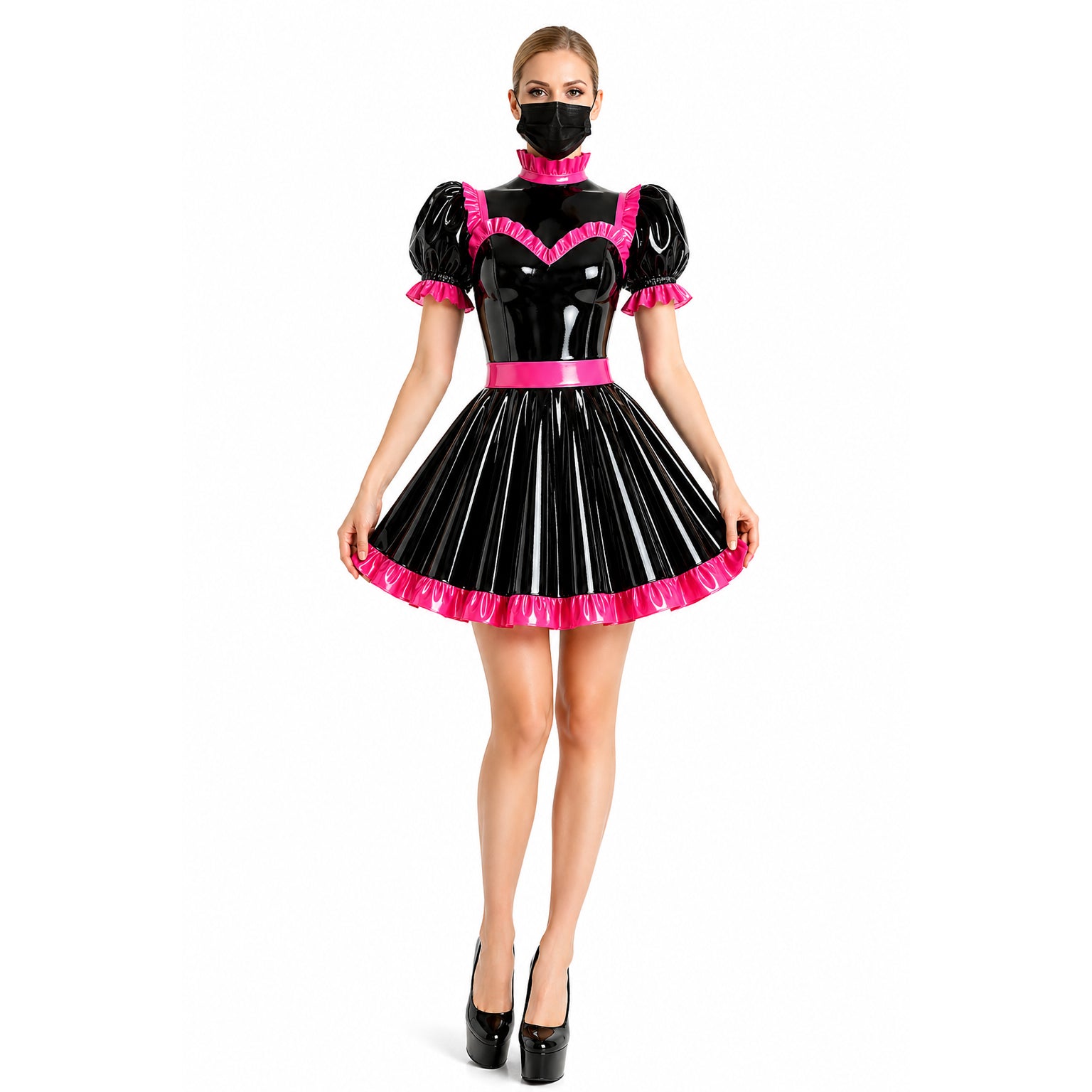 Ensemble Blouse et Jupe Noires Fines en PVC G4125