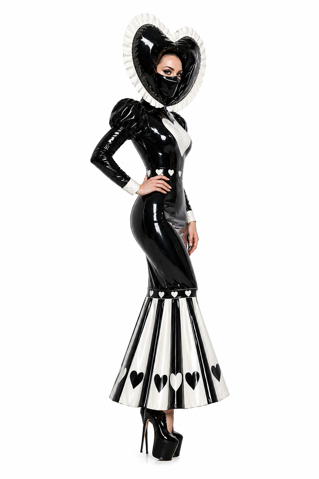 Schwarzes, dünnes PVC-Herz-Kapuzenkleid G4127
