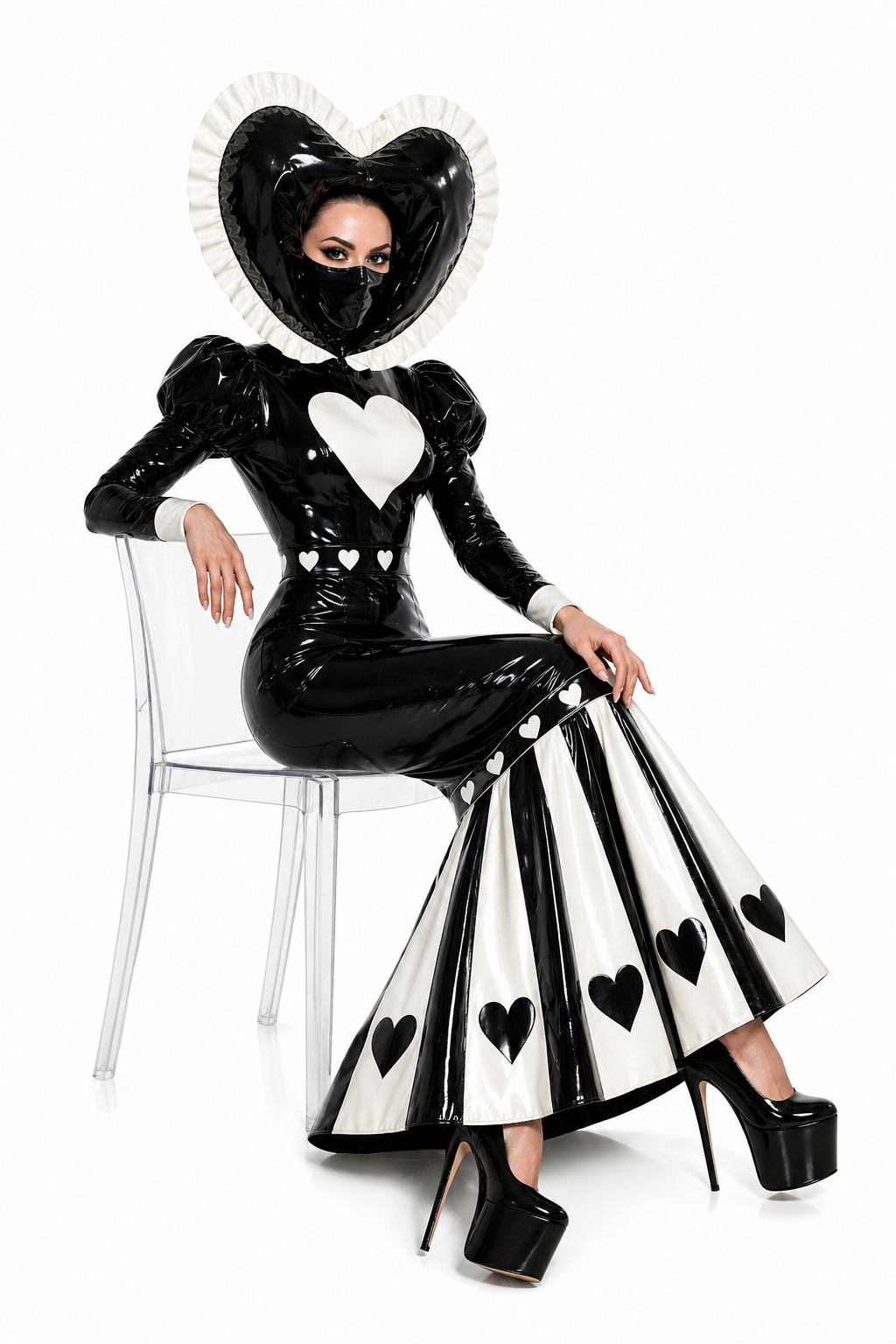 Schwarzes, dünnes PVC-Herz-Kapuzenkleid G4127