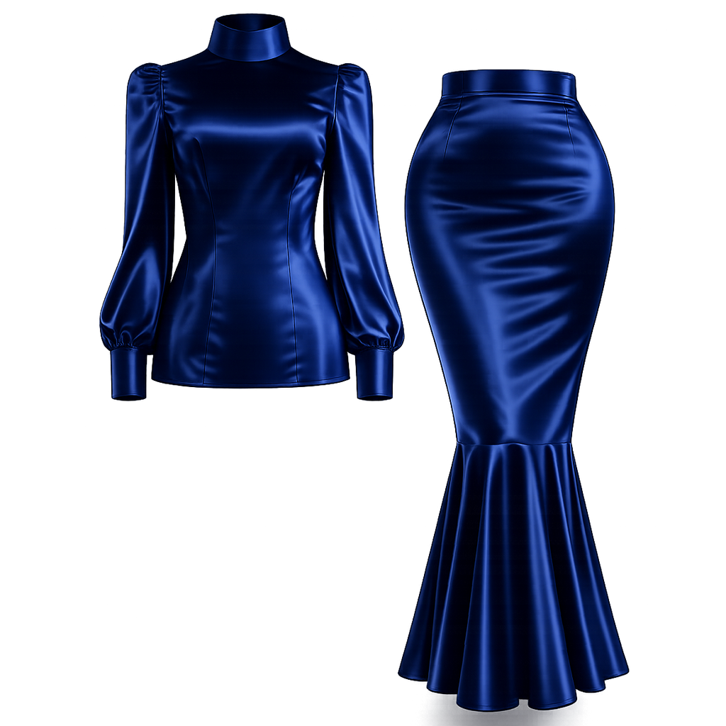 Royal Blue Satin Blouse & Skirt Set G4131