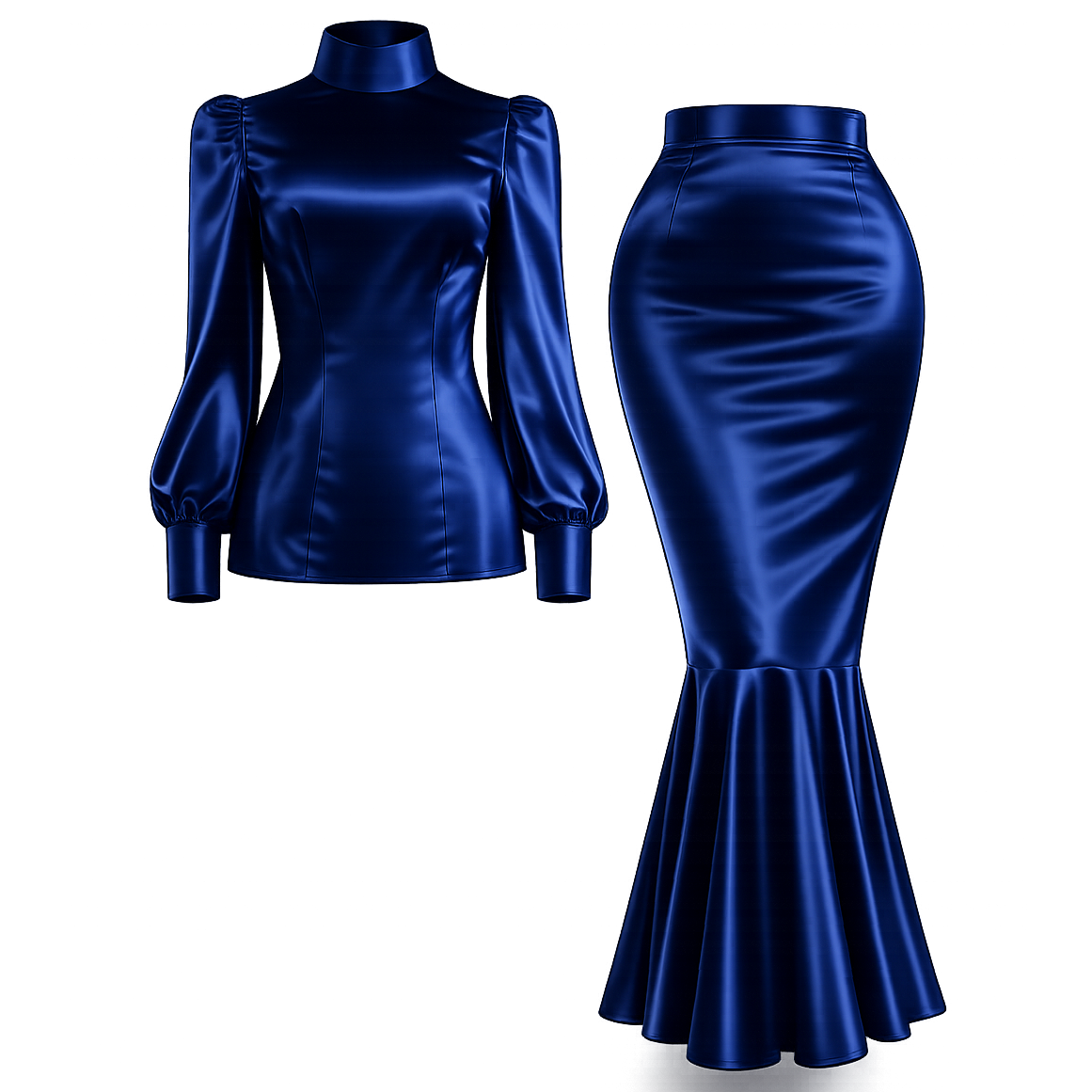 Royal Blue Satin Blouse & Skirt Set G4131