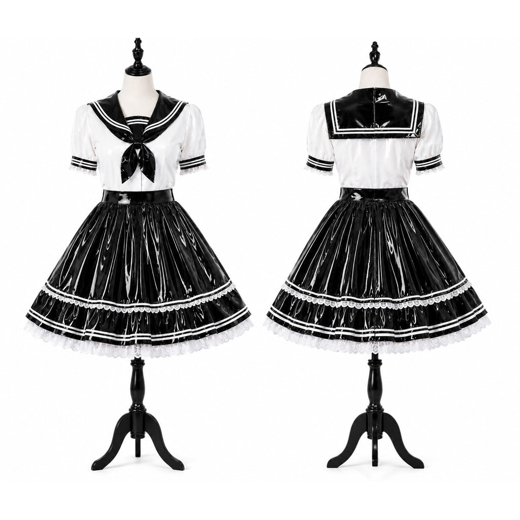 Black and white PVC sailor sissy maid dress with lace trim and puff sleeves custom made