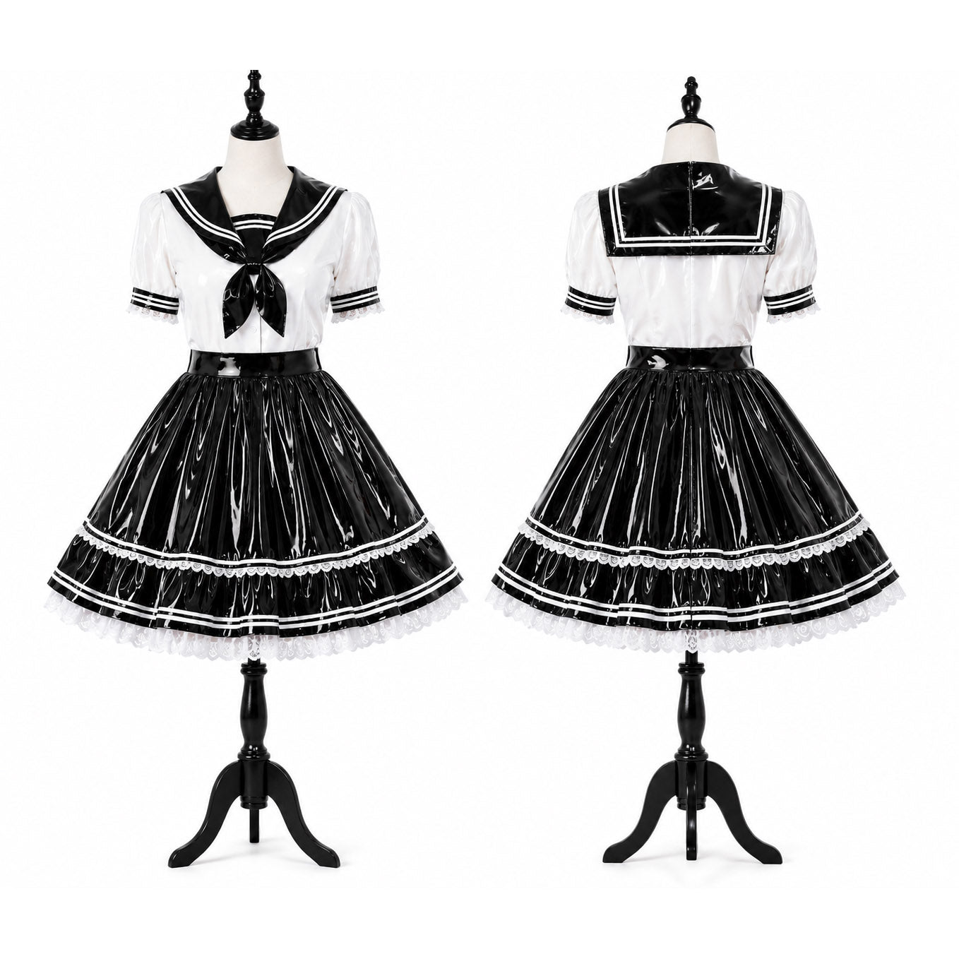 Black and white PVC sailor sissy maid dress with lace trim and puff sleeves custom made