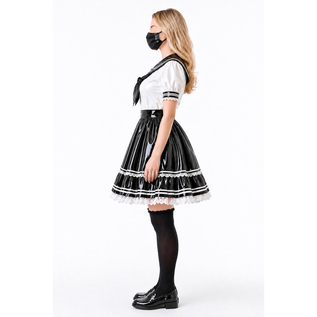 Black and white PVC sailor sissy maid dress with lace trim and puff sleeves custom made G4145_03