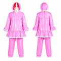 Pink PVC sissy maid raincoat blouse costume set with bonnet hood and matching pants