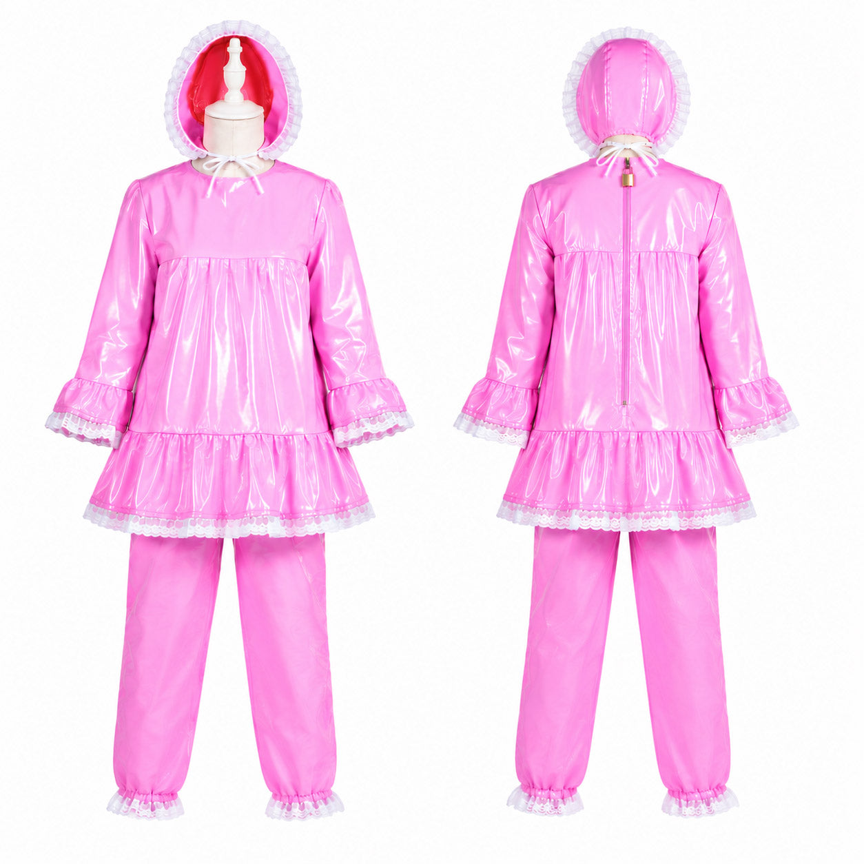 Pink PVC sissy maid raincoat blouse costume set with bonnet hood and matching pants