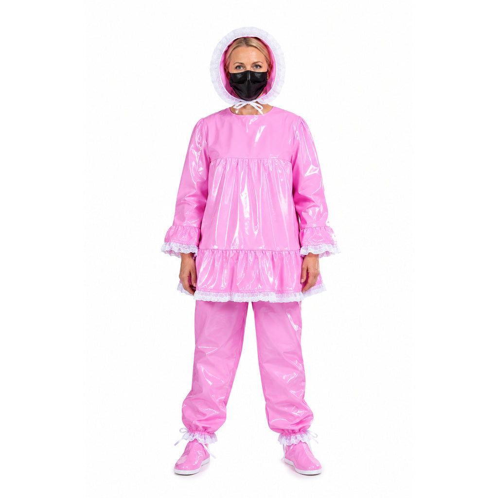 Pink PVC sissy maid raincoat blouse costume set with bonnet hood and matching pants G4146_01