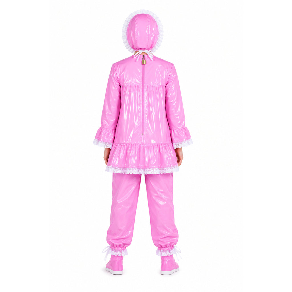 Pink PVC sissy maid raincoat blouse costume set with bonnet hood and matching pants G4146_02