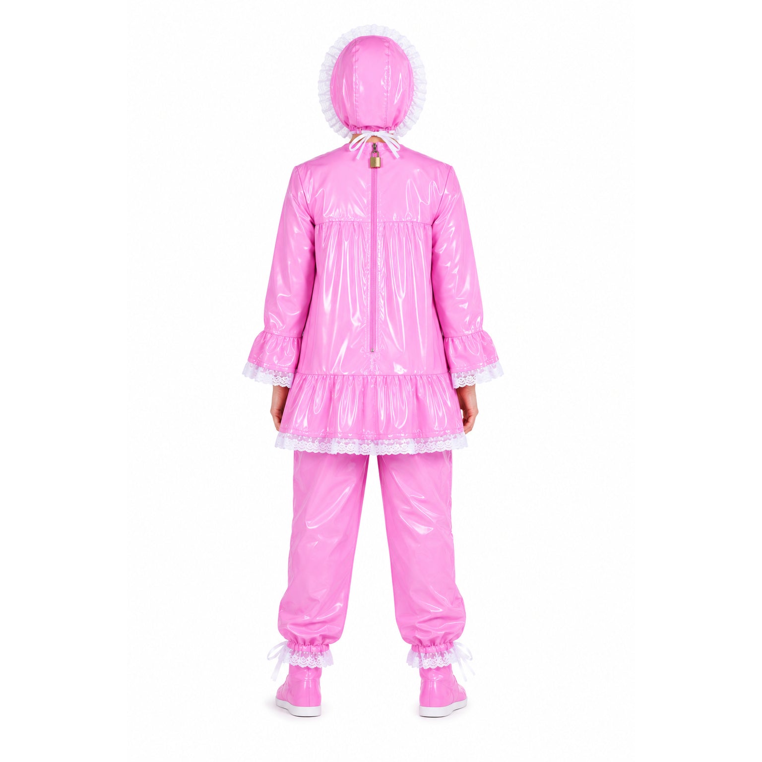 Pink PVC sissy maid raincoat blouse costume set with bonnet hood and matching pants G4146_02