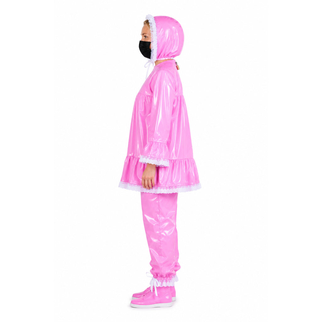 Pink PVC sissy maid raincoat blouse costume set with bonnet hood and matching pants G4146_03