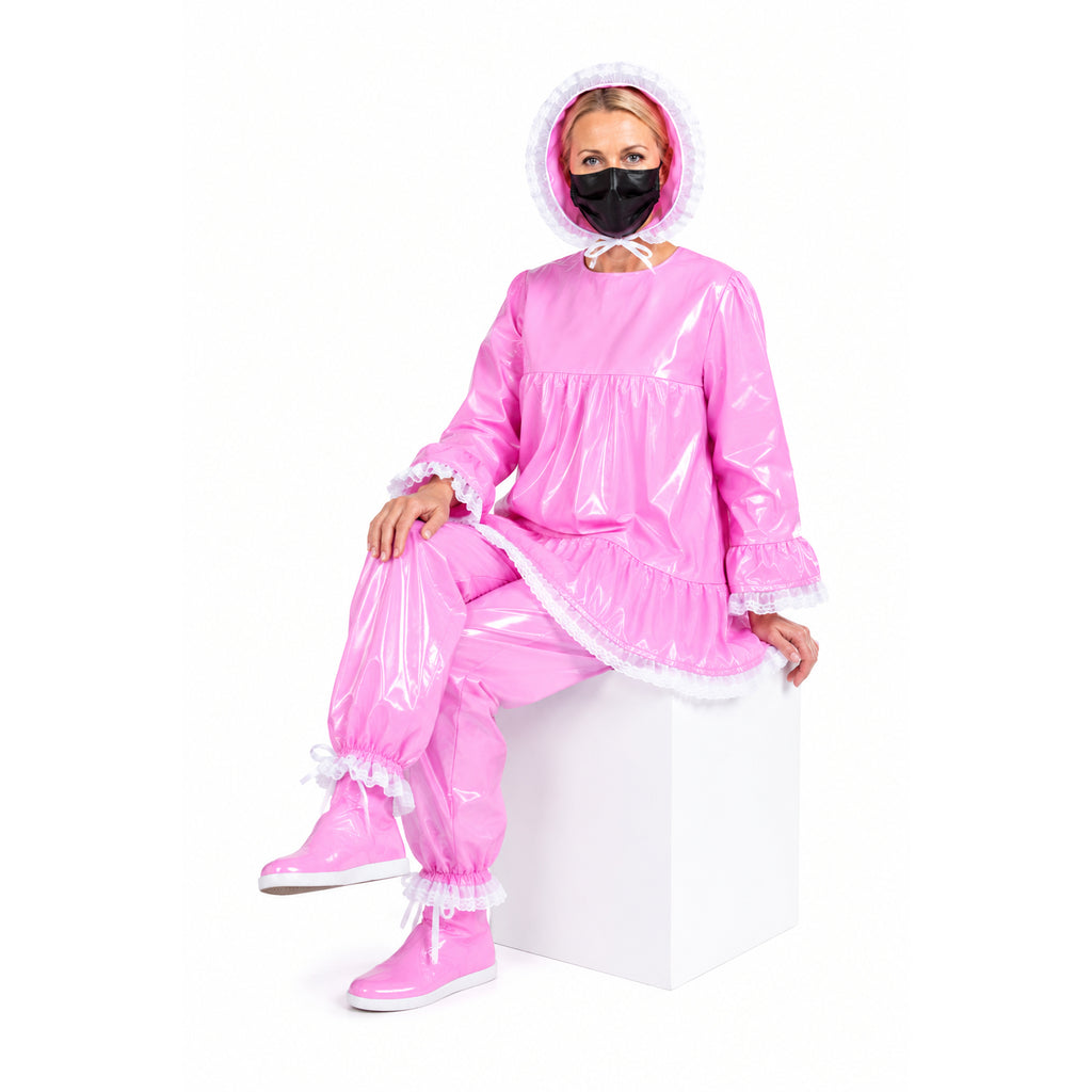 Pink PVC sissy maid raincoat blouse costume set with bonnet hood and matching pants G4146_04