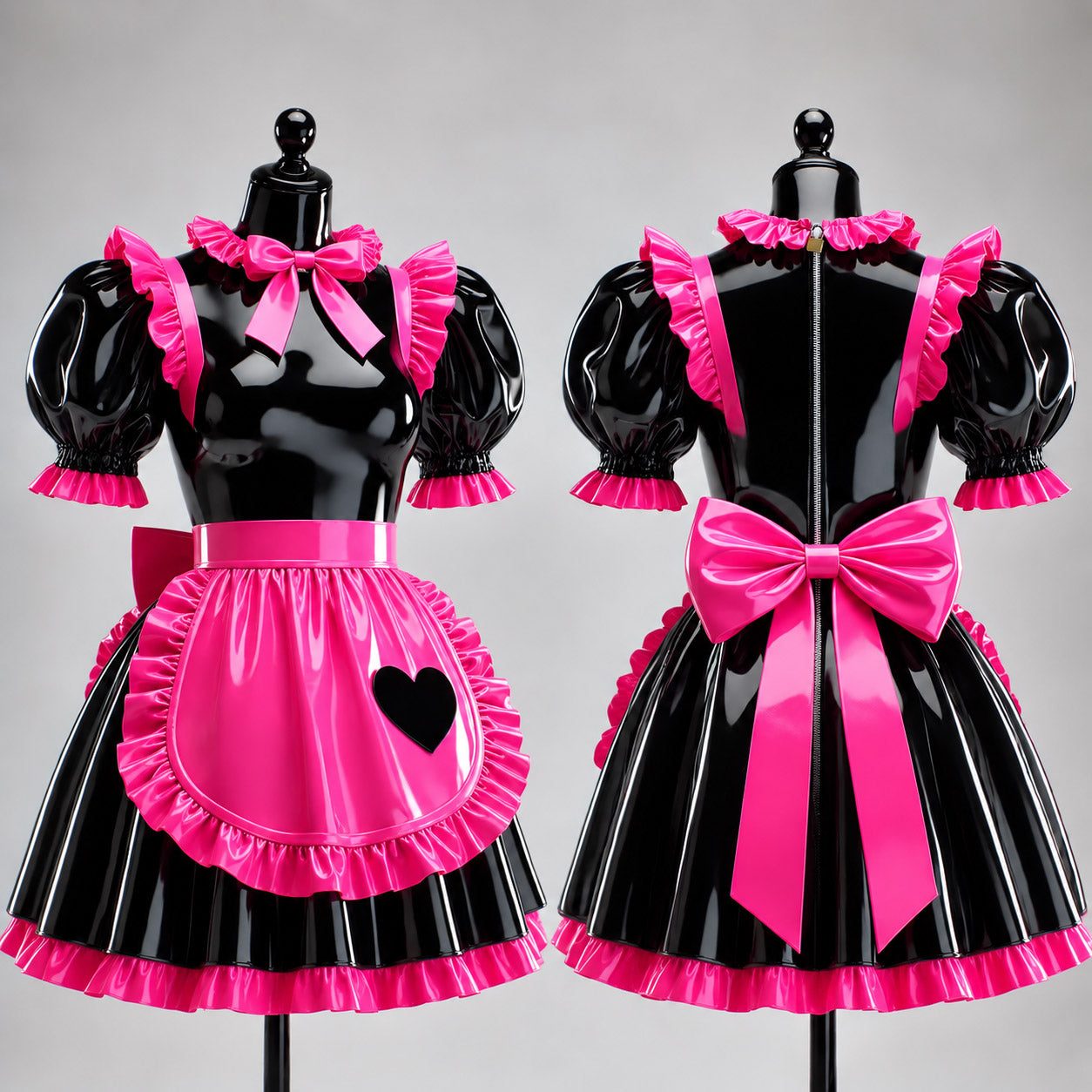Heißpinkes Rüschenkleid aus schwarzem, schwerem PVC für Sissy-Mägde, XL – Herren, auf Lager – Sofort versandfertig