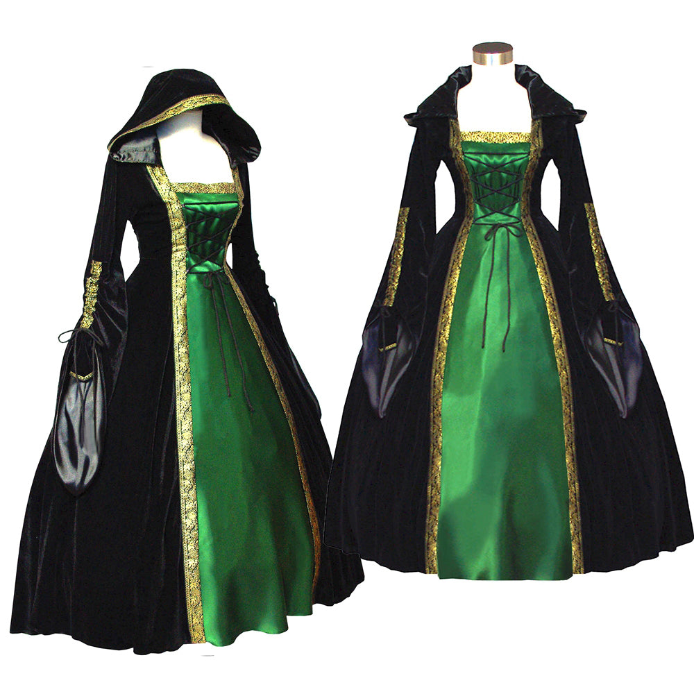 Hooded Medieval Green and Black Renaissance Dress G516
