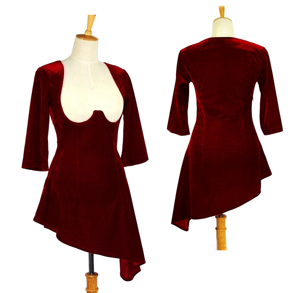 Burgundy Velvet Asymmetrical Sleeve Dress G612