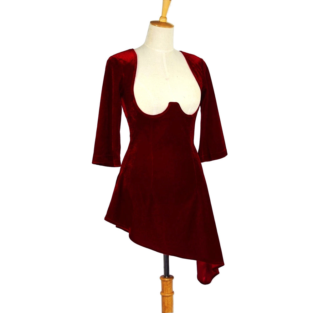 Burgundy Velvet Asymmetrical Sleeve Dress G612