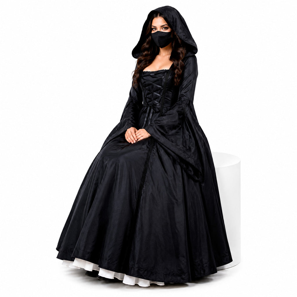 Black Hooded Gothic Corset Maxi Dress G777