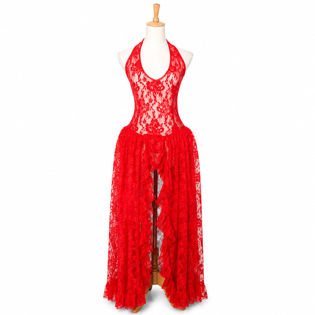 Red Floral Lace Halter Maxi Dress G838