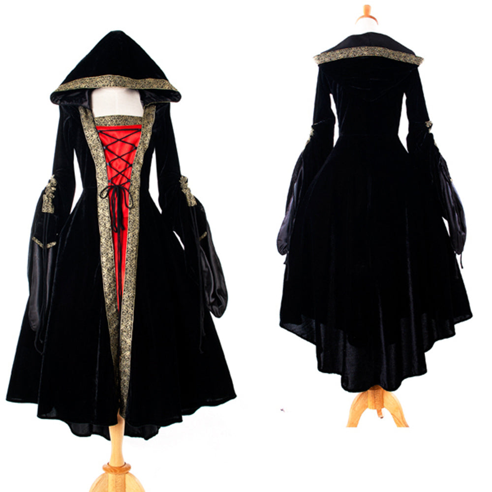 Gothic Hooded Black and Red Medieval Dress G925